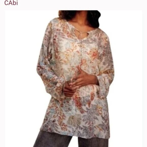 CAbi Tops - CAbi Sheer Silk Beaded Floral Long Sleeve Tunic Blouse Small